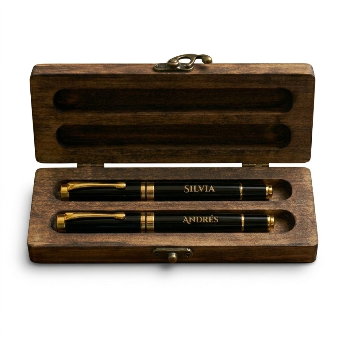 Set 2 Bolígrafos elegante con Grabado Láser | Estuche de Madera