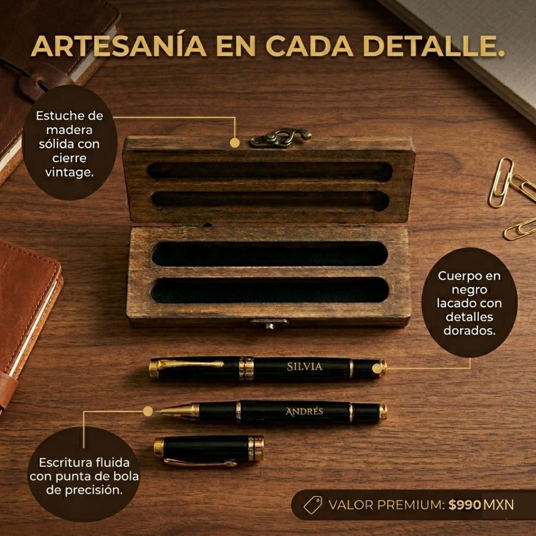 Set 2 Bolígrafos elegante con Grabado Láser | Estuche de Madera
