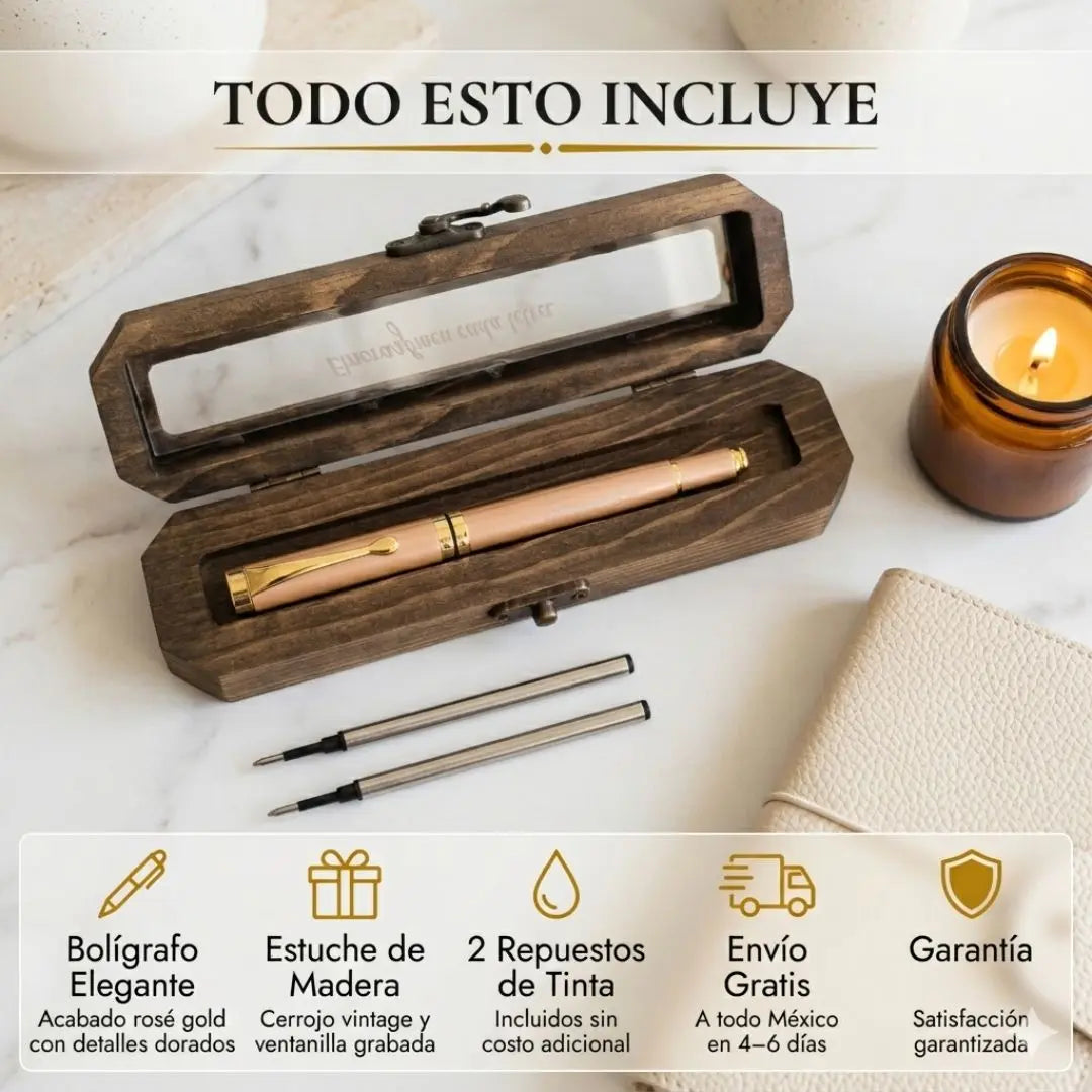 Boligrafo Elegante Rose Gold con Grabado Laser | Estuche de Madera