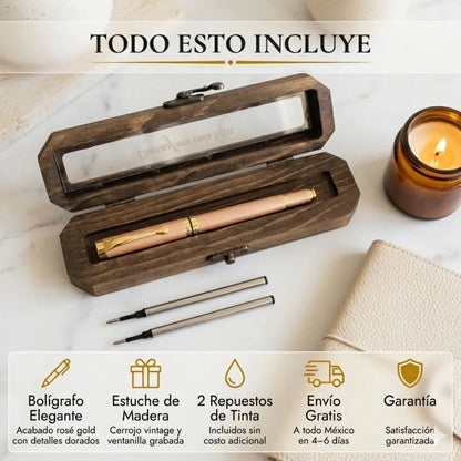 Boligrafo Elegante Rose Gold con Grabado Laser | Estuche de Madera