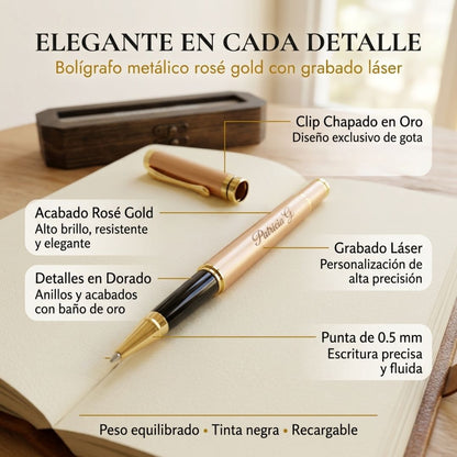 Boligrafo Elegante Rose Gold con Grabado Laser | Estuche de Madera